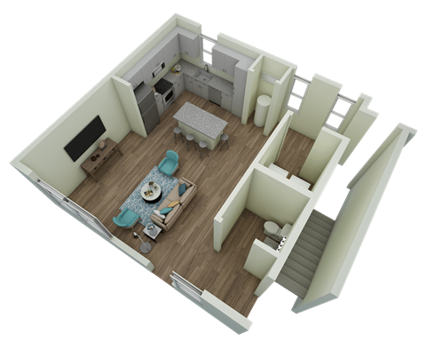 Unit B4 Sycamore 2-bedroom, 2-bath 1,273 sqft 3D lower level floor plan at Canopy Park Apartments, Pelham Alabama